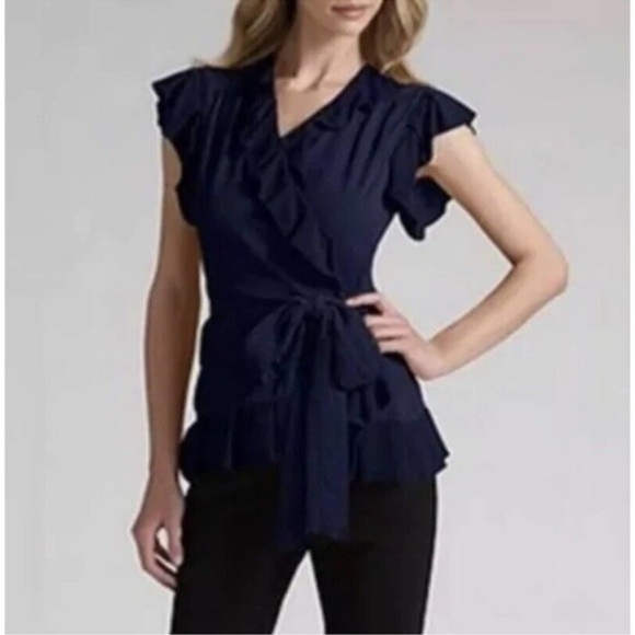 Diane Von Furstenberg Blue Silk Wrap Blouse Size 2 Marcelo Ruffle DVF - Picture 1 of 9